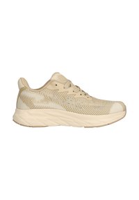 Beige sportschoenen met een textuur gebreid bovenwerk, platte veters en een gevoerde zool. Heeft een subtiele streepjespatroon aan de zijkant.