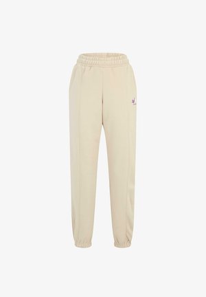 Beige sweatpants har en elastisk talje, tapered ankler, sidesømme og et lille lilla logo på venstre hofte.