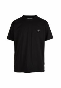 Schwarzes Baumwoll-T-Shirt mit Rundhalsausschnitt. Mit einem kleinen weißen Grafik-Logo auf der linken Brust. Kurze Ärmel und eine lockere Passform.