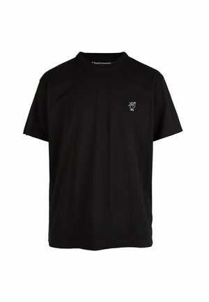 Black cotton t-shirt with a crew neck. Features a small white graphic logo on the left chest. Short sleeves and a relaxed fit.