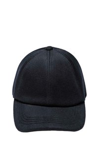 Cappellino da baseball in lana nera con corona strutturata, visiera curvata e design a sei pannelli. Presenta una finitura texturizzata e un bottone sulla parte superiore.
