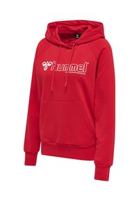 Sweat à capuche rouge avec poche avant, cordon de serrage à la capuche, logo blanc "hummel" et emblème abeille sur la poitrine.
