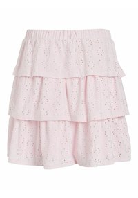 Jupe tiered rose en coton texturé, dotée de trois couches volantées avec de petits motifs découpés tout au long. Taille élastique.