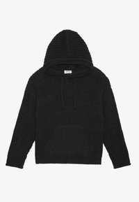 Zwarte hoodie van gebreid materiaal met textuur. Voorzien van een trekkoordkap, een kangoeroe-pocket en geribbelde manchetten. Eenvoudig, casual ontwerp.