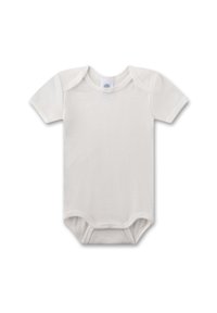 Kurzärmliger weißer Baby-Body aus weicher Baumwolle, mit Rundhalsausschnitt und Druckknöpfen am Boden für einfaches Ankleiden.