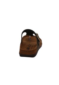 Brown suede footbed sandal with a black strap and metallic buckle, featuring an open back design and textured sole for grip.