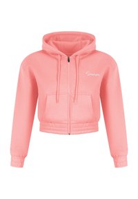 Sudadera recortada con cremallera en color coral, hecha de tela suave. Presenta una capucha con cordón, bolsillos frontales y puños y dobladillo de canalé.