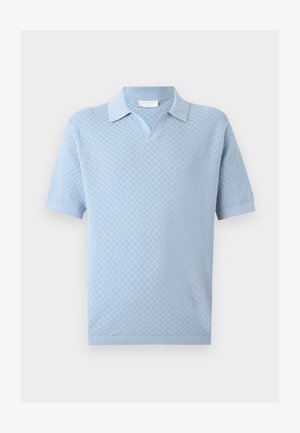 Light blue short-sleeve polo shirt with textured checkered pattern and ribbed collar, cuffs, and hem.