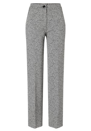 Grijze gestreepte broek met een rechte pijp, voorzien van een knoopsluiting, een subtiele textuur en een klassiek ontwerp dat geschikt is voor verschillende gelegenheden.