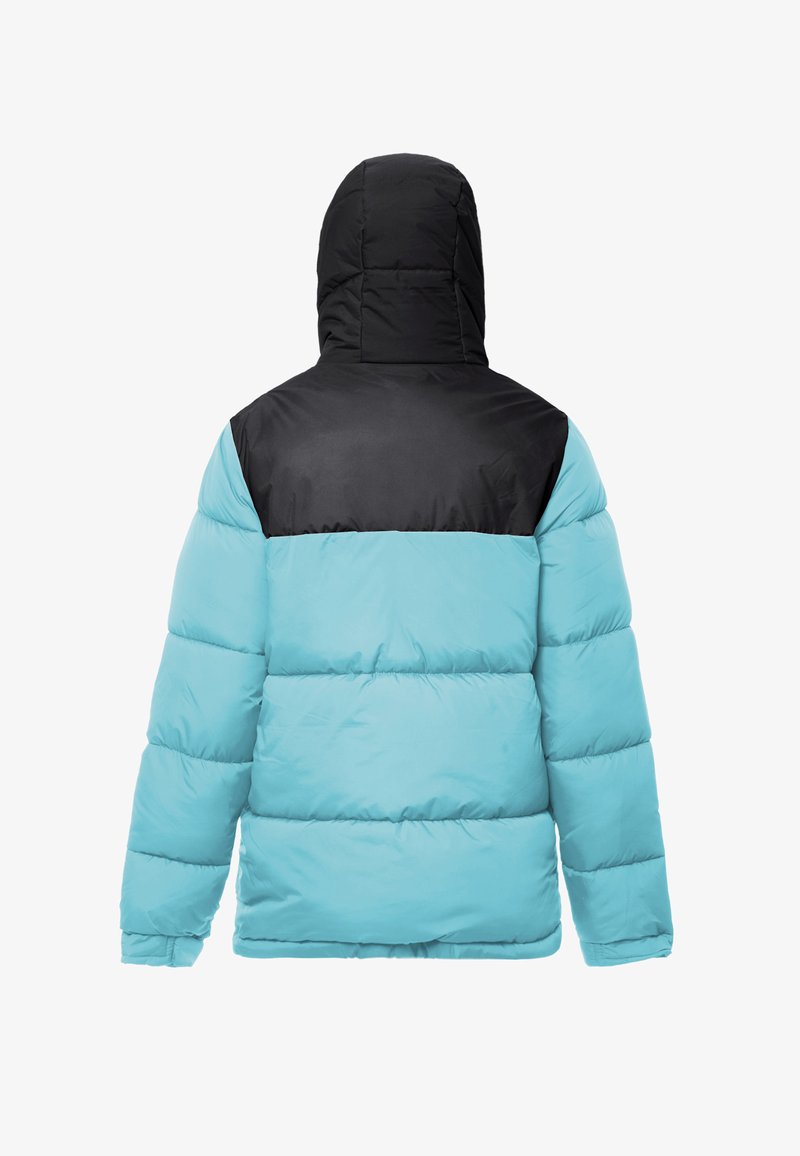 Doudoune avec une capuche noire et un dos supérieur noir, présentant un corps turquoise. Elle a un design matelassé et est fabriquée à partir d'un matériau synthétique lisse.
