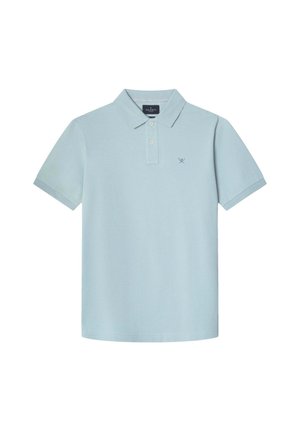 Lyseblå polo shirt lavet af blødt stof, med klassisk krave, to knapper, korte ærmer og et broderet logo på brystet.