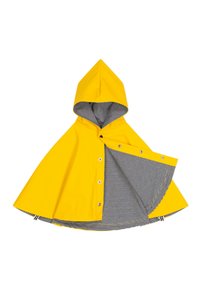 Gelber Regenponcho mit Kapuze, ausgestattet mit einem gestreiften Innenfutter in Schwarz und Weiß, Druckknöpfen entlang der Vorderseite und einer runden Form.