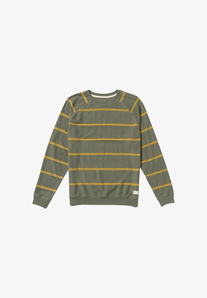 Grüner Baumwoll-Sweatshirt mit langen Ärmeln, versehen mit horizontalen senfgelben Streifen sowie einem gerippten Kragen und Bündchen. Einfacher, gerader Schnitt.