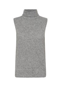 Top gri, fără mâneci, tip turtleneck, realizat dintr-un material tricotat moale, având un guler înalt și un design simplu, ajustat.