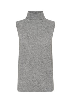 Top grigio senza maniche a collo alto realizzato in morbido tessuto a maglia, con un design semplice e aderente.
