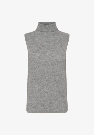 Sivý bezrukávový rolák vyrobený z mäkkej pleteniny, ktorý má vysoký golier a jednoduchý, obtiahnutý strih.