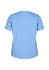 T-shirt di cotone azzurro chiaro con colletto rotondo e maniche corte, caratterizzato da una texture liscia e una vestibilità comoda.