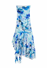 Robe sans bretelles en tissu léger avec un motif floral bleu, corsage froncé et ourlet asymétrique avec des accents volantés.