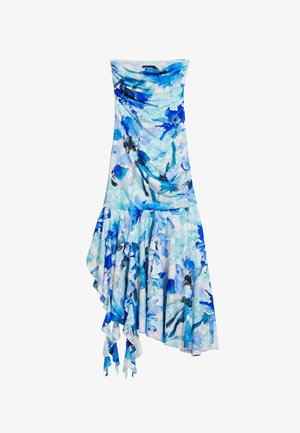 Strapless jurk van lichtgewicht stof met een blauw bloemmotief, geraffineerde lijfje en asymmetrische zoom met gerimpelde accenten.