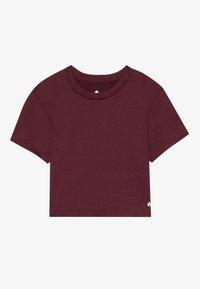 Burgundijska kraća majica od pamuka, s okruglim izrezom, kratkim rukavima i malim logotipom na donjem lijevom dijelu.