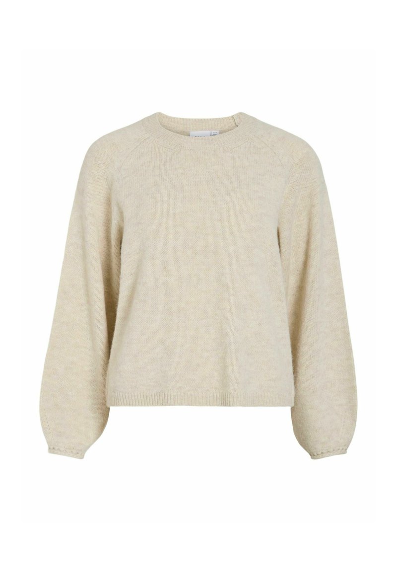 Maglione in maglia beige chiaro con colletto rotondo, maniche lunghe a raglan e polsini e fondo a coste. Tessuto morbido con una vestibilità leggermente oversize.