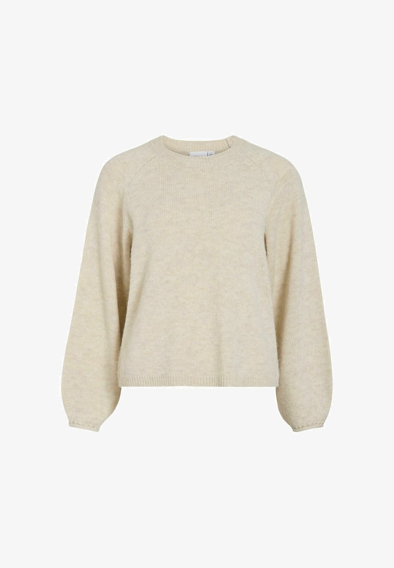 Maglione in maglia beige chiaro con colletto rotondo, maniche lunghe a raglan e polsini e fondo a coste. Tessuto morbido con una vestibilità leggermente oversize.