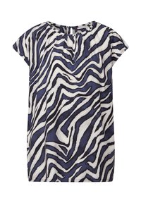 Top ampio realizzato in tessuto leggero, con un motivo zebra blu e bianco, scollatura rotonda e maniche corte.
