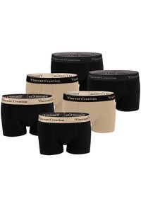 Six paires de boxers pour hommes en noir et beige, dotés d'une ceinture douce avec la marque "Vincent Creation", fabriqués en tissu extensible.