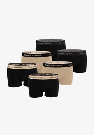 Sechs Paare Herrenboxershorts in Schwarz und Beige, ausgestattet mit einem weichen Bund mit der Marke "Vincent Creation", aus dehnbarem Stoff gefertigt.