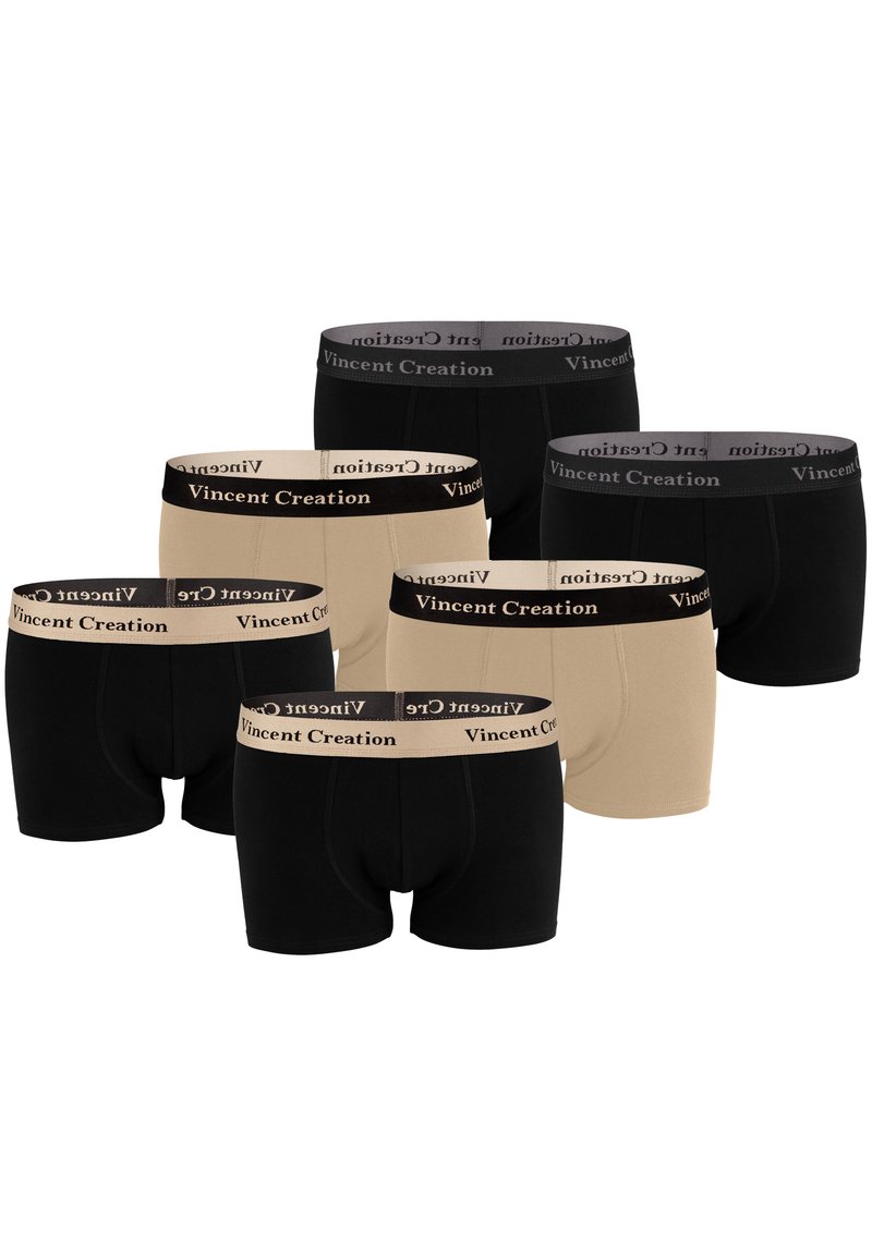 Six paires de boxers pour hommes en noir et beige, dotés d'une ceinture douce avec la marque "Vincent Creation", fabriqués en tissu extensible.