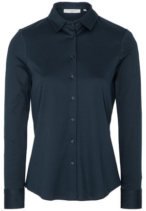 Donker marineblauwe long-sleeve shirt met een klassieke kraag, knoopsluiting aan de voorkant, gladde stof en afgeronde zoom. Blauwe knopen aanvullen het ontwerp.