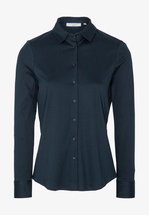 Donker marineblauwe long-sleeve shirt met een klassieke kraag, knoopsluiting aan de voorkant, gladde stof en afgeronde zoom. Blauwe knopen aanvullen het ontwerp.