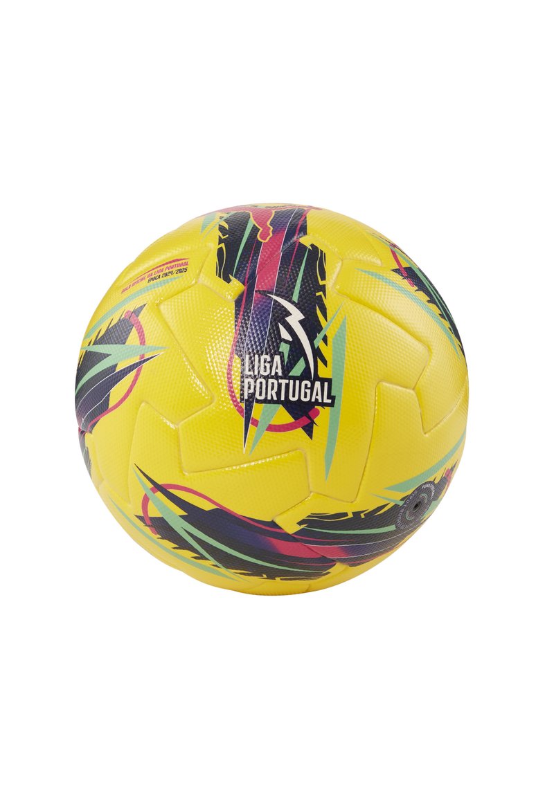 Palla da calcio gialla con superficie strutturata. Presenta motivi astratti multicolori, tra cui accenti verdi, viola e rossi. Riporta la dicitura "LIGA PORTUGAL."
