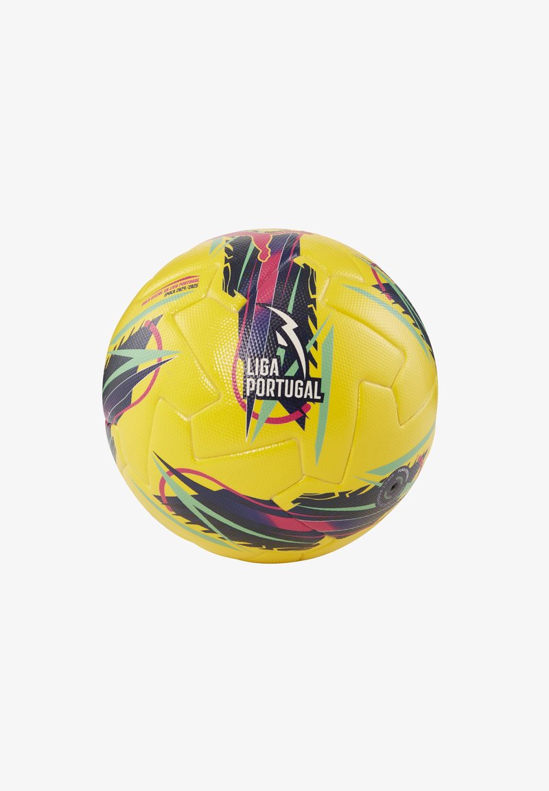 Gul fodbold med tekstureret overflade. Udstyret med multicolor abstrakte mønstre, herunder grønne, lilla og røde accenter. Viser "LIGA PORTUGAL."