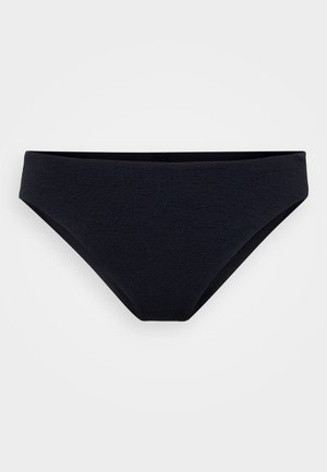 Schwarzer Bikini-Unterteil mit strukturierter Oberfläche, mittelhohem Bund und glatten, nahtlosen Kanten. Einfaches Design ohne Verzierungen.
