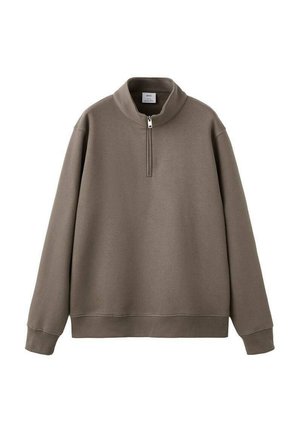 Sudadera marrón con cuello alto y cierre de media cremallera. Hecha de material suave, presenta un ajuste relajado y mangas largas.