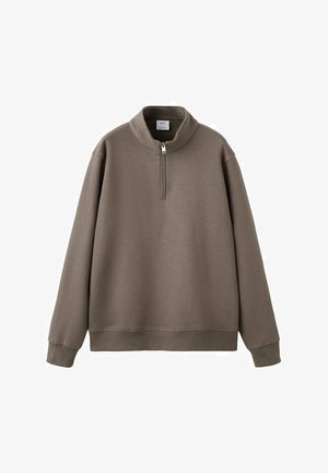 Sudadera marrón con cuello alto y cierre de media cremallera. Hecha de material suave, presenta un ajuste relajado y mangas largas.