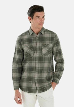 Camicia in flanella a quadri grigia e verde con maniche lunghe, chiusura frontale con bottoni, due tasche sul petto e una texture liscia.
