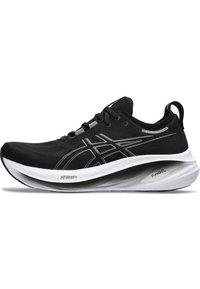Chaussure de sport noire avec un dessus texturé, semelle intermédiaire blanche affichant les marques "FF Blast+" et "PureGEL", et un design moderne et élégant.