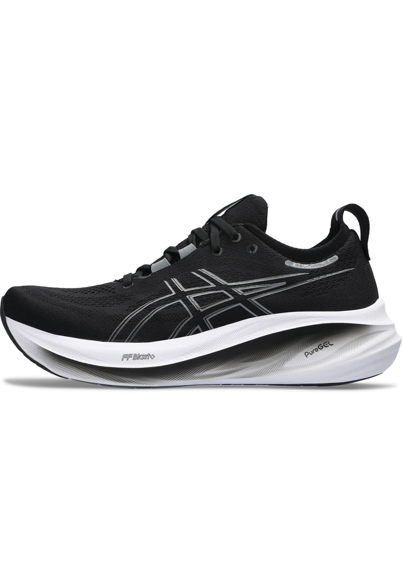 Chaussure de sport noire avec un dessus texturé, semelle intermédiaire blanche affichant les marques "FF Blast+" et "PureGEL", et un design moderne et élégant.
