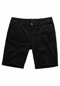Shorts en coton noir avec une taille élastique, dotés d'une fermeture à bouton et de poches latérales, finis avec des détails de ourlet roulé.