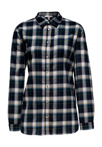 La camicia a maniche lunghe in plaid presenta un colletto button-down, una fantasia a quadri nei colori blu scuro, verde e beige, con una morbida texture del tessuto e chiusura frontale con bottoni.