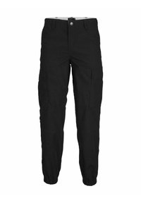 Pantaloni cargo neri realizzati in un tessuto resistente, con polsini elasticizzati, molteplici tasche laterali e una chiusura a bottone sicura.