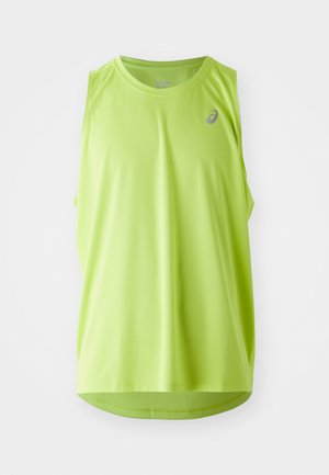 Neon green sleeveless athletic top, made of textured fabric. Features a rounded neckline and a logo placed on the upper left.