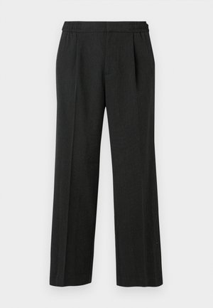 Fekete, bő szárú nadrág, elasztikus derékkal, pliszírozott elejével és sima textúrájával. Nincsenek látható minták vagy fém díszítések.