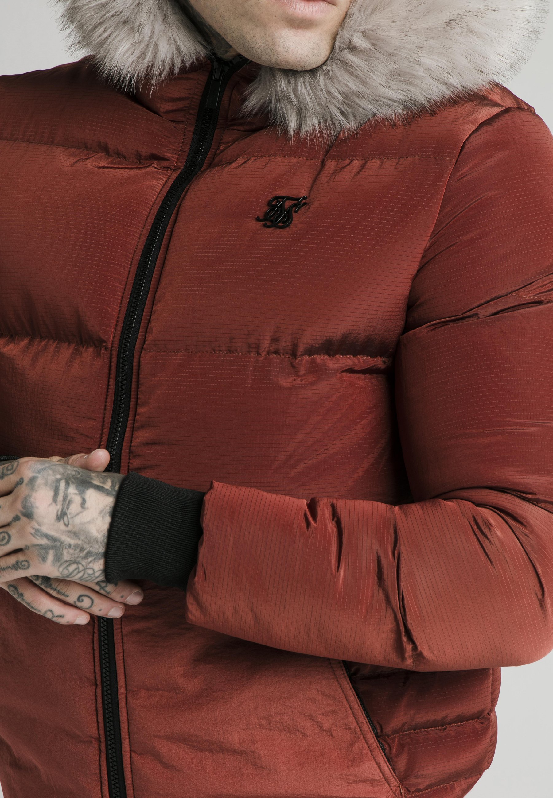 siksilk red puffer jacket