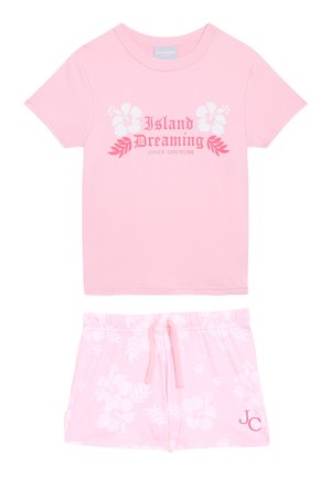Roze T-shirt met korte mouwen met de tekst "Island Dreaming" en een bloemontwerp, gecombineerd met roze bloemenkortingen met een elastische tailleband.
