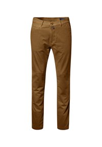 Braune Cordhosen mit geradem Schnitt, Reißverschluss, Fronttaschen und tonalen Nähten. Glatte Textur mit gerippten Mustern.