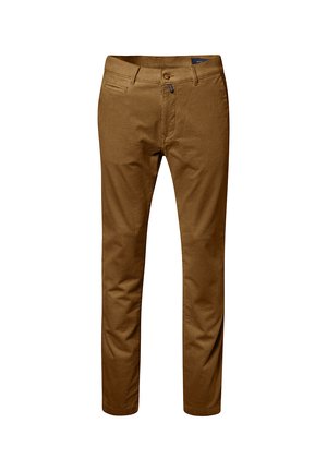 Braune Cordhosen mit geradem Schnitt, Reißverschluss, Fronttaschen und tonalen Nähten. Glatte Textur mit gerippten Mustern.