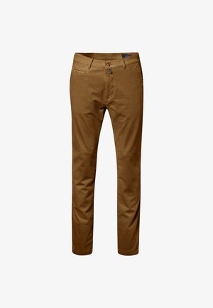 Braune Cordhosen mit geradem Schnitt, Reißverschluss, Fronttaschen und tonalen Nähten. Glatte Textur mit gerippten Mustern.